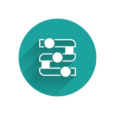 Beyaz Grafik, çizelge, grafik, diyagram, bilgi grafiği, uzun gölge arkaplan ile izole edilmiş turta grafik simgesi. Yeşil daire düğmesi. Vektör