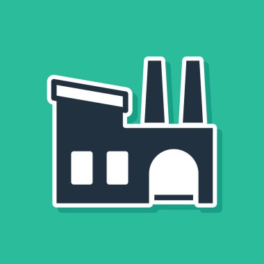 Mavi Fabrika simgesi yeşil arkaplanda izole edildi. Endüstriyel bina. Vektör