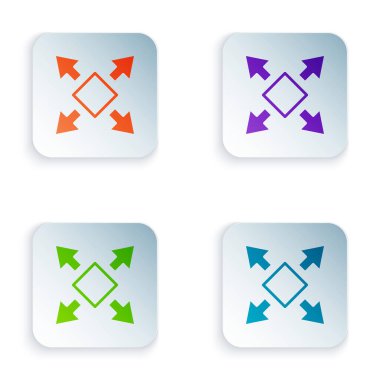 Beyaz arkaplanda birçok yönlü ok simgesini izole et. Kare düğmelere renkli simgeleri yerleştir. Vektör