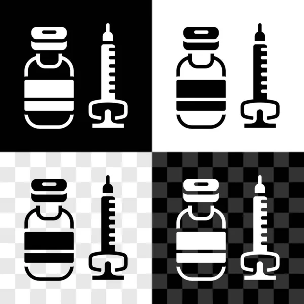 Zestaw strzykawka medyczna z ikoną igły na czarno-białym, przezroczystym tle. Szczepienie, wstrzyknięcie, szczepionka, koncepcja insuliny. Wektor — Wektor stockowy