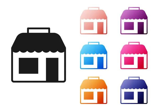 Schwarzes Einkaufsgebäude oder Marktsymbol isoliert auf weißem Hintergrund. Ladenbau. Setzen Sie Symbole bunt. Vektor — Stockvektor