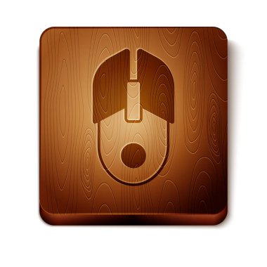 Kahverengi Bilgisayar faresi simgesi beyaz arkaplanda izole edildi. Tekerlek sembollü optik. Tahta kare düğme. Vektör