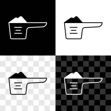 Çamaşır tozunu siyah beyaz, şeffaf arkaplanda izole edilmiş bir ölçü kabı simgesine yerleştir. Vektör