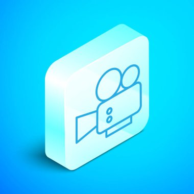 Isometric line Cinema kamera simgesi mavi arkaplanda izole edildi. Video kamera. Film tabelası. Film projektörü. Gümüş kare düğme. Vektör