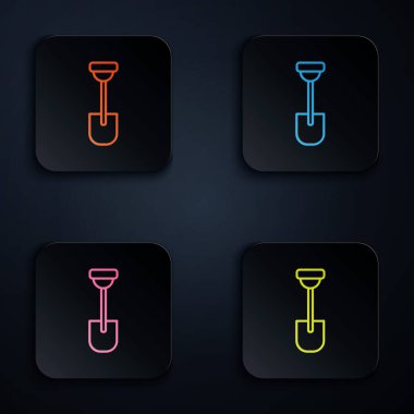 Renkli neon çizgi kürek simgesi siyah arkaplanda izole edildi. Bahçe aletleri. Bahçecilik, tarım, çiftçilik aleti. Kare düğmelere simgeleri yerleştir. Vektör