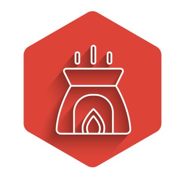 Beyaz çizgi Aroma mum ikonu uzun gölgeli izole edilmiş. Kırmızı altıgen düğmesi. Vektör