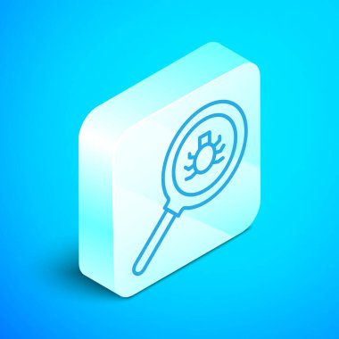 Isometric Line Flea arama simgesi mavi arkaplanda izole edildi. Gümüş kare düğme. Vektör