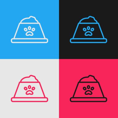 Kedi ya da köpek ikonu için kedi ya da köpek maması kasesi renkli arka planda izole edilmiş. Köpek ya da kedi pençesi izi. Vektör