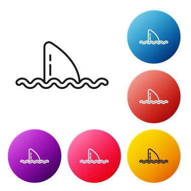 Okyanus dalgası ikonunda siyah çizgi köpekbalığı yüzgeci beyaz arka planda izole edilmiş. Renkli daire düğmelerini ayarlayın. Vektör