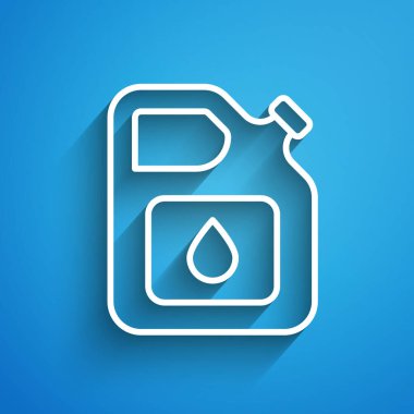 Benzin ikonu için beyaz çizgi kutusu mavi arka planda izole edildi. Dizel gaz ikonu. Uzun gölge. Vektör