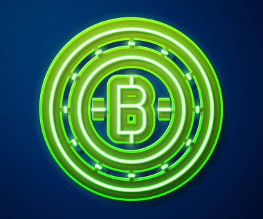 Parlayan neon hattı Kripto para birimi simgesi Bitcoin mavi arka planda izole edildi. Madeni para. Engelleme zinciri tabanlı şifreli para birimi. Vektör