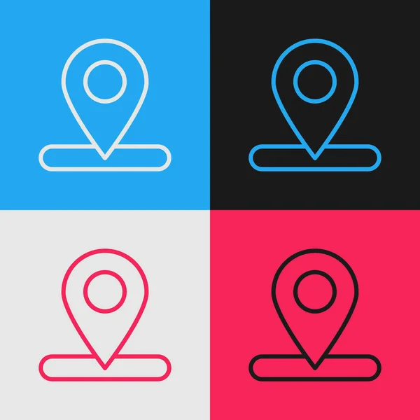 Pop art line Mapa pin ikona izolované na barevném pozadí. Navigace, ukazatel, poloha, mapa, GPS, směr, místo, kompas, koncept hledání. Vektorová ilustrace — Stockový vektor