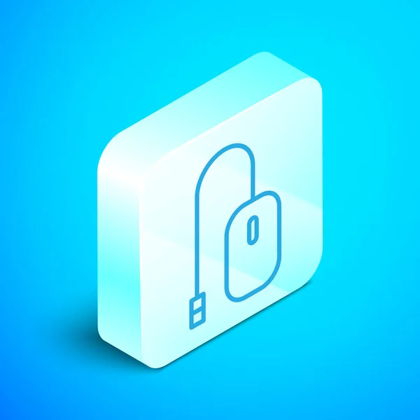 Isometric line Computer mouse icon isolated on blue background. Optical with wheel symbol. Silver square button. Vector Illustration — Stock Vector
