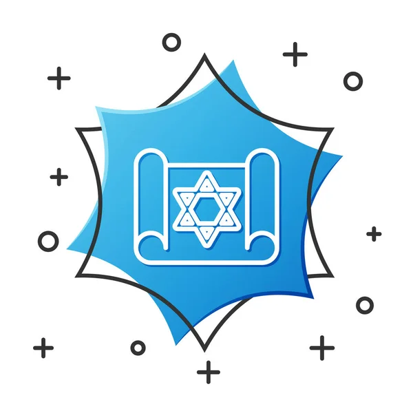 Ligne blanche Torah icône rouleau isolé sur fond blanc. Torah juive sous une forme élargie. Symbole étoile de David. Vieux parchemin de parchemin. Bouton hexagonal bleu. Vecteur — Image vectorielle