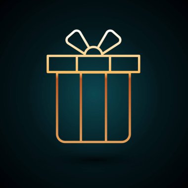 Altın çizgili hediye kutusu simgesi koyu mavi arkaplanda izole edilmiş. Mutlu Noeller ve mutlu yıllar. Vektör