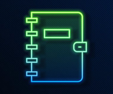 Parlayan neon çizgisi Not Defteri simgesi mavi arkaplanda izole edildi. Spiral not defteri simgesi. Okul defteri. Yazı tahtası. Okul günlüğü. Vektör