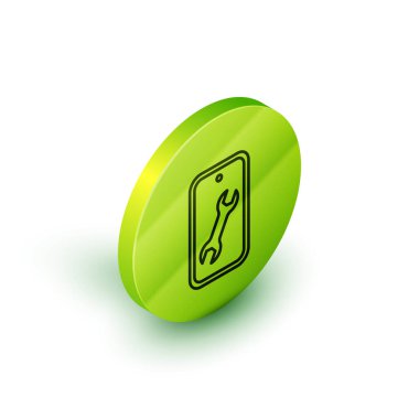 Beyaz arka planda İngiliz anahtarı simgesi izole edilmiş Isome hattı cep telefonu. Ayarlama, servis, ayar, bakım, onarım. Yeşil daire düğmesi. Vektör