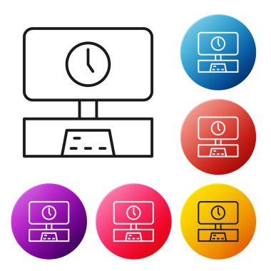 Siyah çizgi Akıllı TV zaman simgesi beyaz arkaplanda izole edildi. Televizyon tabelası. Renkli daire düğmelerini ayarlayın. Vektör