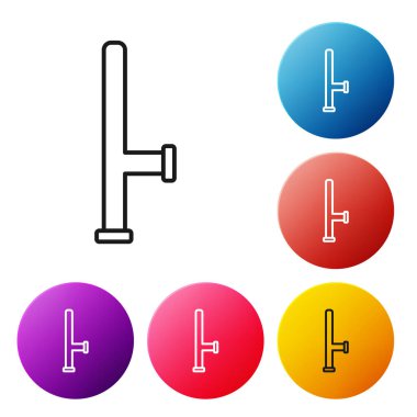 Siyah çizgi polis kauçuk çubuk simgesi beyaz arka planda izole edildi. Kauçuk copu. Polis yarasası. Polis ekipmanları. Renkli daire düğmelerini ayarlayın. Vektör