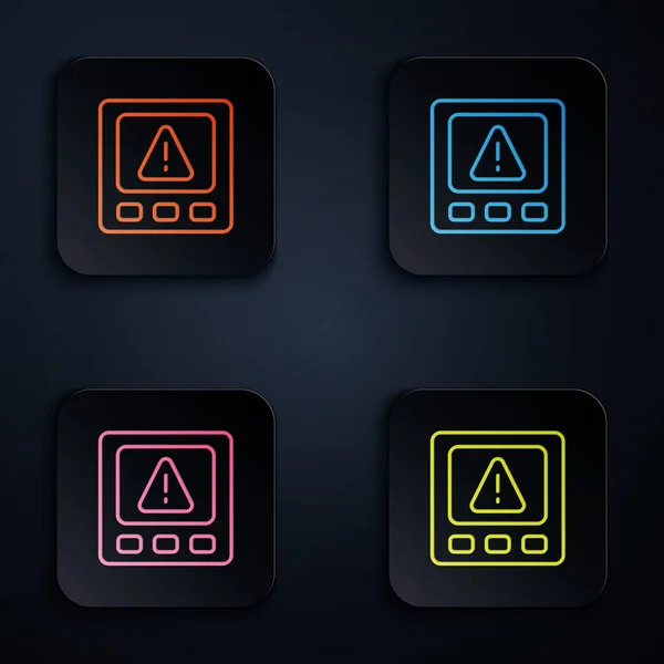Färg neon linje Gps enhet fel ikonen isolerad på svart bakgrund. Ställ ikoner i fyrkantiga knappar. Vektor — Stock vektor
