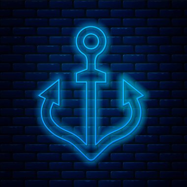 Parlayan neon hattı Anchor simgesi tuğla duvar arka planında izole edildi. Vektör