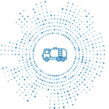 Mavi çizgi tanker ikonu beyaz arka planda izole edildi. Petrol tankeri, petrol kamyonu, sarnıç, petrol karavanı. Soyut çember rastgele noktalar. Vektör