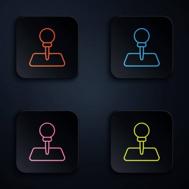 Siyah arkaplanda renkli neon hattı Push pin simgesi izole edildi. Raptiye işareti. Kare düğmelere simgeleri yerleştir. Vektör