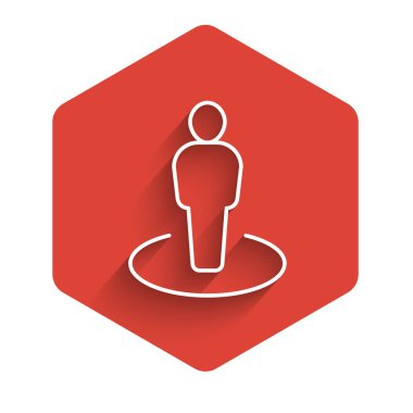 Uzun gölge arkaplan ile izole edilmiş bir insan simgesi silueti olan beyaz çizgi haritası. GPS konum sembolü. Kırmızı altıgen düğmesi. Vektör