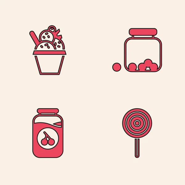 Set Lollipop, IJs in kom, Glazen pot met snoepjes erin en Cherry jam icoon. Vector — Stockvector