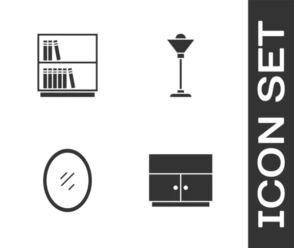 Set Wardrobe, Library bookshelf, Mirror and Floor lamp icon. Vector — 스톡 벡터