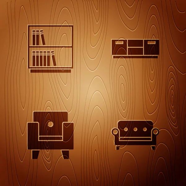 Set Sofa, Bibliotheek boekenplank, Fauteuil en Meubilair nachtkastje op houten achtergrond. Vector — Stockvector