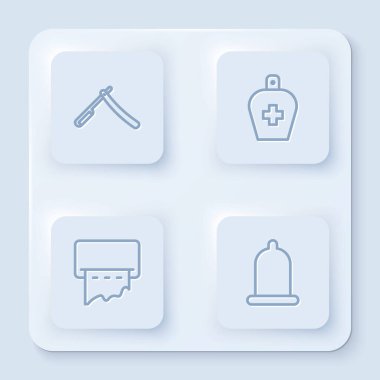 Düz çizgi, bir şişe sıvı antibakteriyel sabun, duvarda kağıt havlu makinesi ve prezervatif. Beyaz kare düğme. Vektör