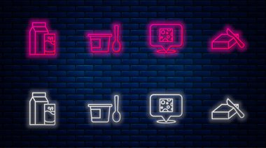 Kaşıklı yoğurt kabı, peynir, kefir ve tereyağı tabağı için kağıt paketi. Tuğla duvarda parlayan neon simgesi. Vektör