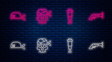 Korsan kaptanı, Spyglass teleskop lensi, baş ve antika tabanca bandanası. Tuğla duvarda parlayan neon simgesi. Vektör