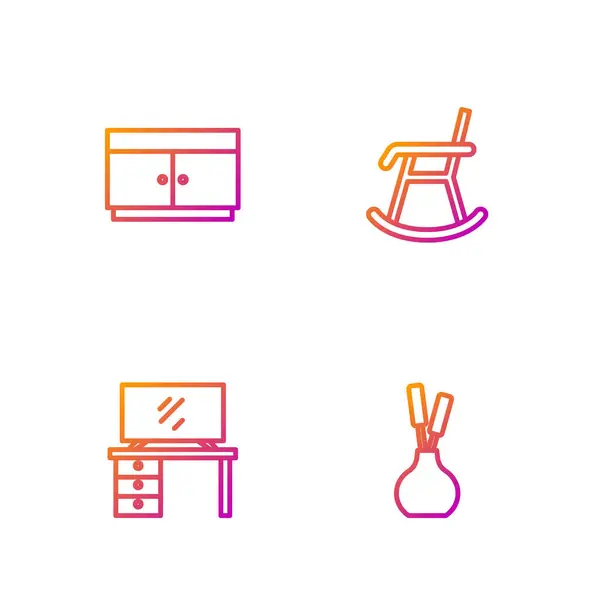 Set línea florero, soporte de mesa de TV, pecho de cajones y sillón. Iconos de color degradado. Vector — Archivo Imágenes Vectoriales