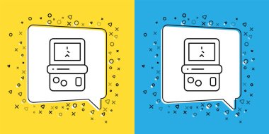 Sarı ve mavi arkaplanda izole edilmiş portatif tetris elektronik oyun simgesi ayarla. Klasik bir cep tuğlası oyunu. Etkileşimli oyun aygıtı. Vektör.