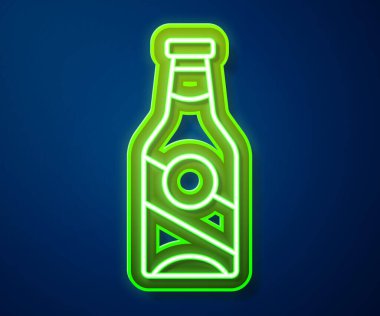 Parlayan neon hattı bira şişesi ikonu mavi arka planda izole edildi. Vektör.