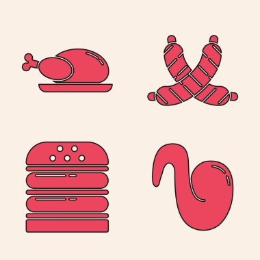 Kızarmış tavuk kanadı, kızarmış hindi ya da tavuk, çapraz sosis ve Burger ikonu. Vektör.