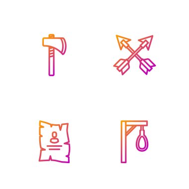 Set hattı darağacı, aranıyor batı posteri, Tomahawk baltası ve çapraz oklar. Renk simgeleri. Vektör