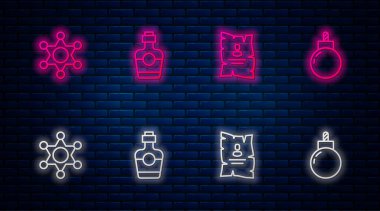 Tekila şişesi, kovboy posterleri, Hexagram şerifi ve bomba patlamaya hazır. Tuğla duvarda parlayan neon simgesi. Vektör