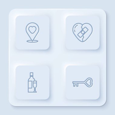 Hattı kalple belirleyin, iyileşmiş kırık, şampanya şişesi ve anahtar formda. Beyaz kare düğme. Vektör