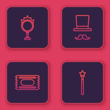 Sirk ateş çemberi, bilet, sihirbaz ve değnek. Mavi kare düğme. Vektör