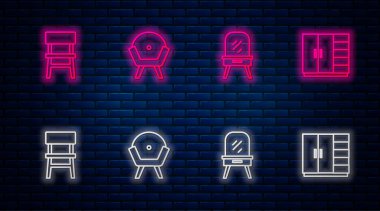 Sıralı Koltuk, Soyunma masası, Sandalye ve Gardırop. Tuğla duvarda parlayan neon simgesi. Vektör