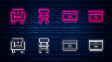 Sıralı sandalye, çekmeceler, Kol sandalyesi ve mobilya sehpası. Tuğla duvarda parlayan neon simgesi. Vektör