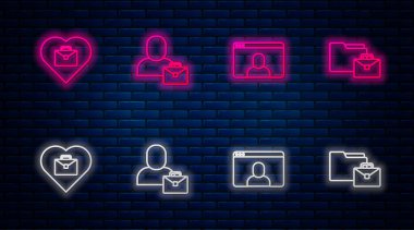 Set hattı Freelancer, görüntülü sohbet konferansı, metin ve internet üzerinden çalışan kalp. Tuğla duvarda parlayan neon simgesi. Vektör