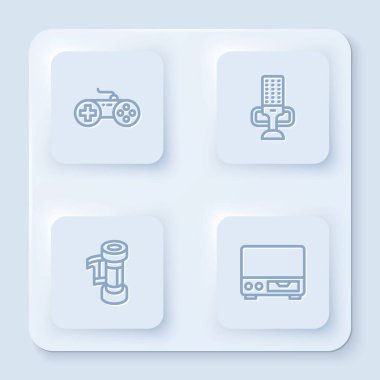 Oyun sahası, mikrofon, kamera rulo kartuşu ve eski video kaset oynatıcı ayarla. Beyaz kare düğme. Vektör