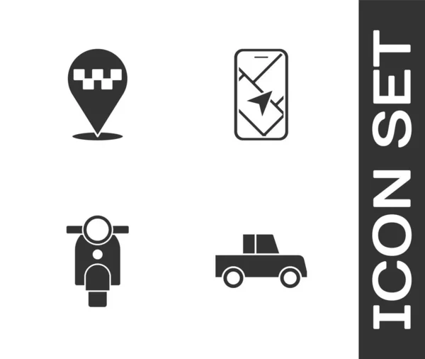 Conjunto Coches Ubicación Con Taxi Scooter Mapa Ciudad Icono Navegación — Archivo Imágenes Vectoriales