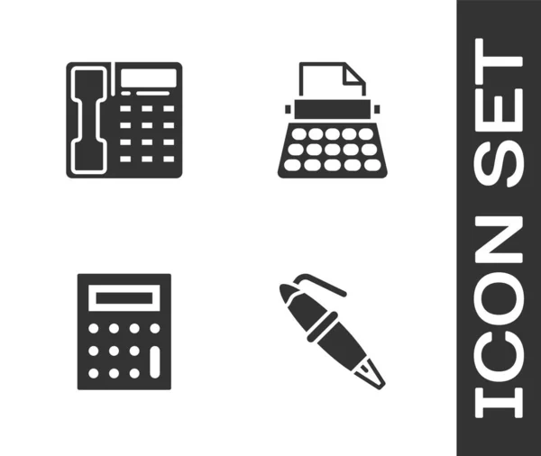 Set Fontein Pen Nib Telefoon Handset Calculator Retro Typemachine Icoon — Stockvector