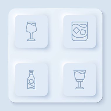 Çizgi şarap kadehi, bir bardak viski, bira şişesi ve... Beyaz kare düğme. Vektör