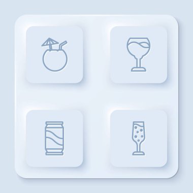 Hindistan cevizi kokteyli, şarap bardağı, bira kutusu ve bir kadeh şampanya. Beyaz kare düğme. Vektör